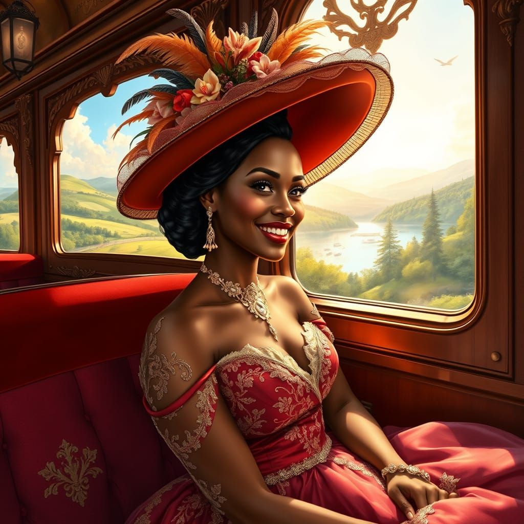 Regal Woman in Haute Couture, Vintage Train Setting