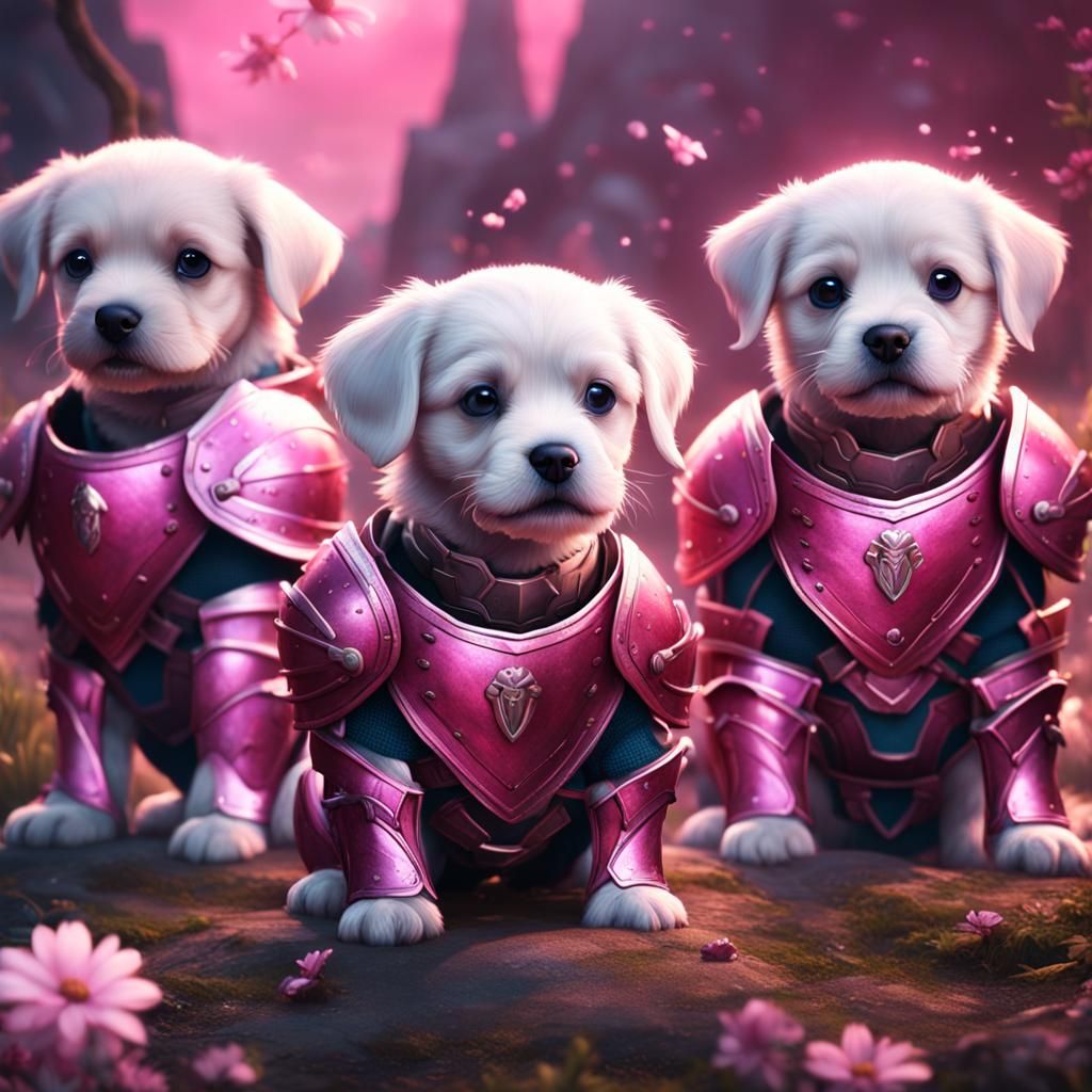 Cute Puppies in Pink Armor: Fantasy Concept Art
