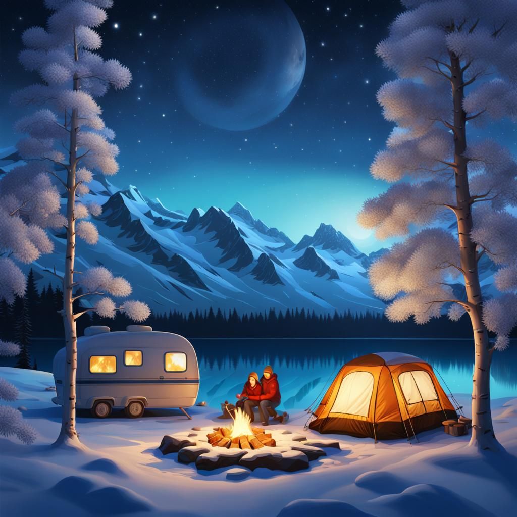 Family Winter Camping Under the North Star