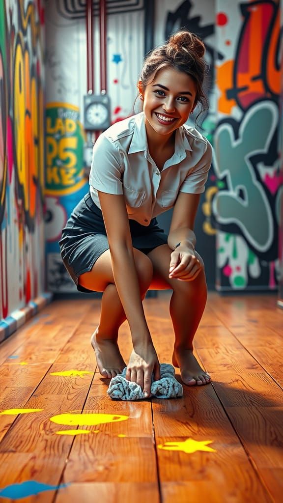 Woman Cleaning Floor in Vibrant Street Art Style