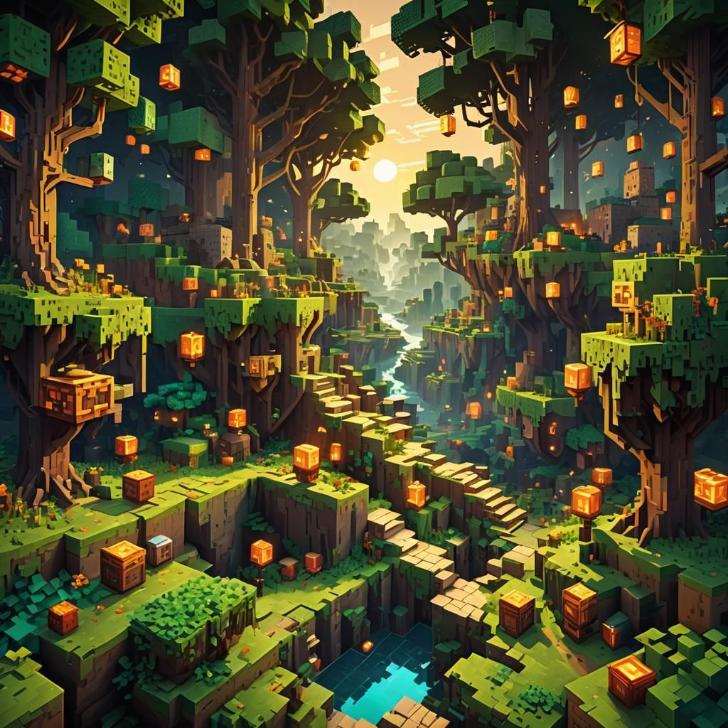 Minecraft Character Exploring Blocky Pixelated Landscape
