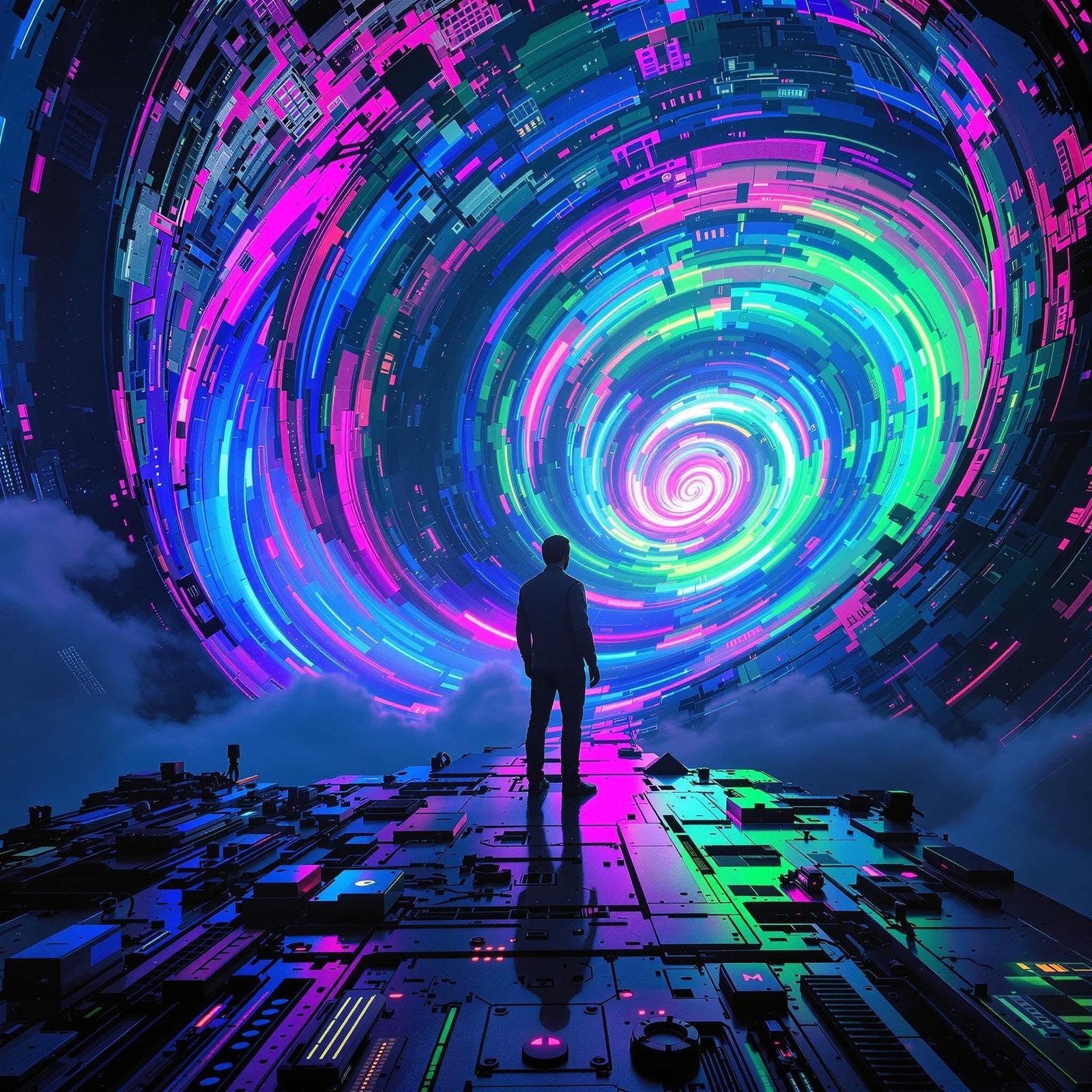 Cyberpunk Time Traveler at the Edge of the Time Warp