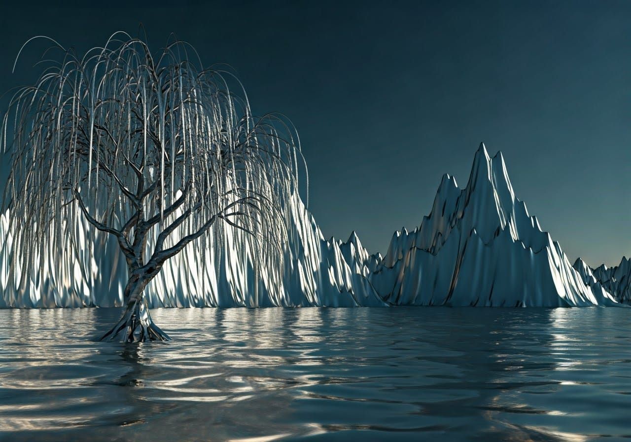 Surreal Chrome Landscape with Mirrored Willow Tree