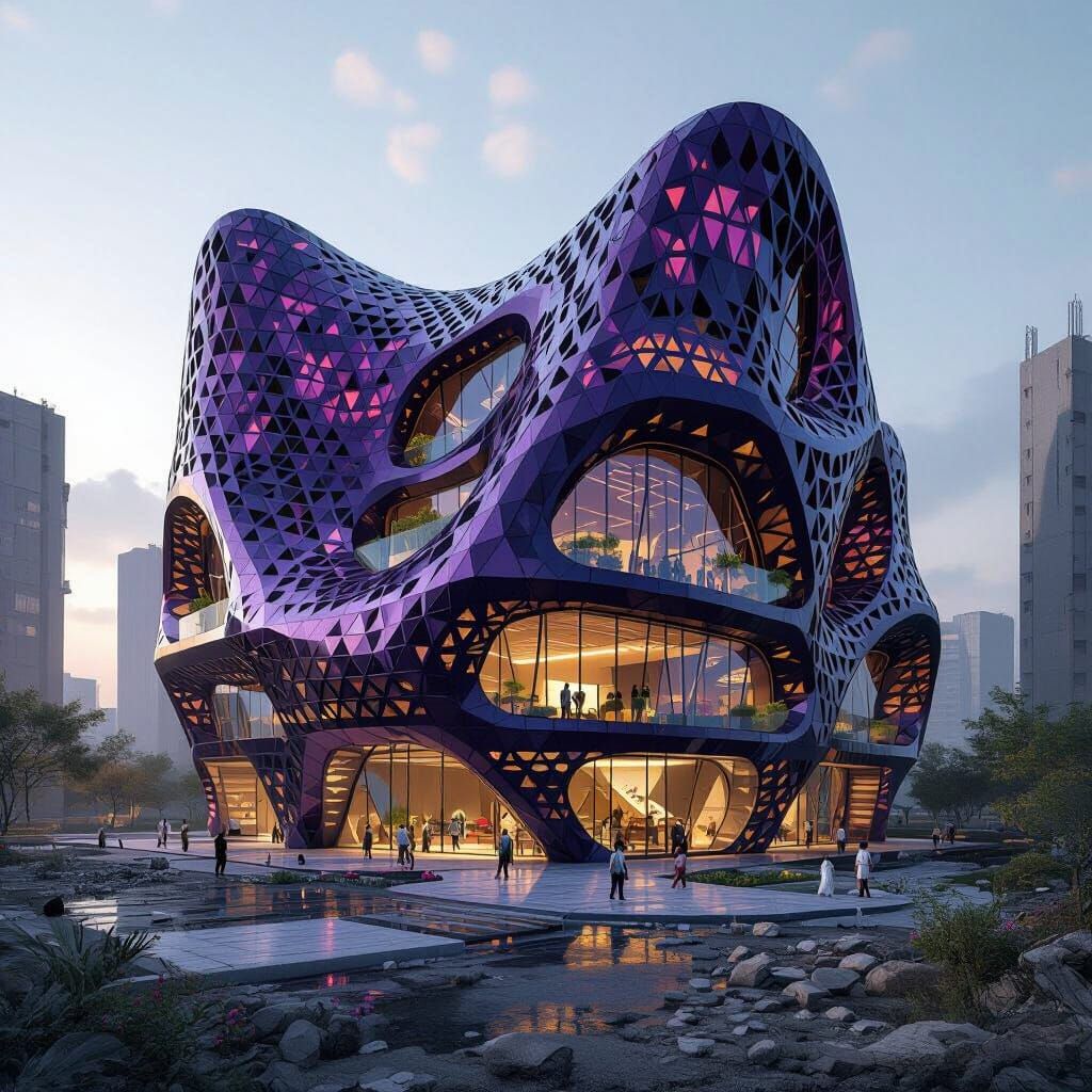 Futuristic Building with Abstract Petals in Cyberpunk Style