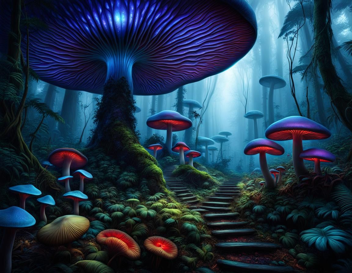 Bioluminescent Path Through Giant Mushroom Rainforest