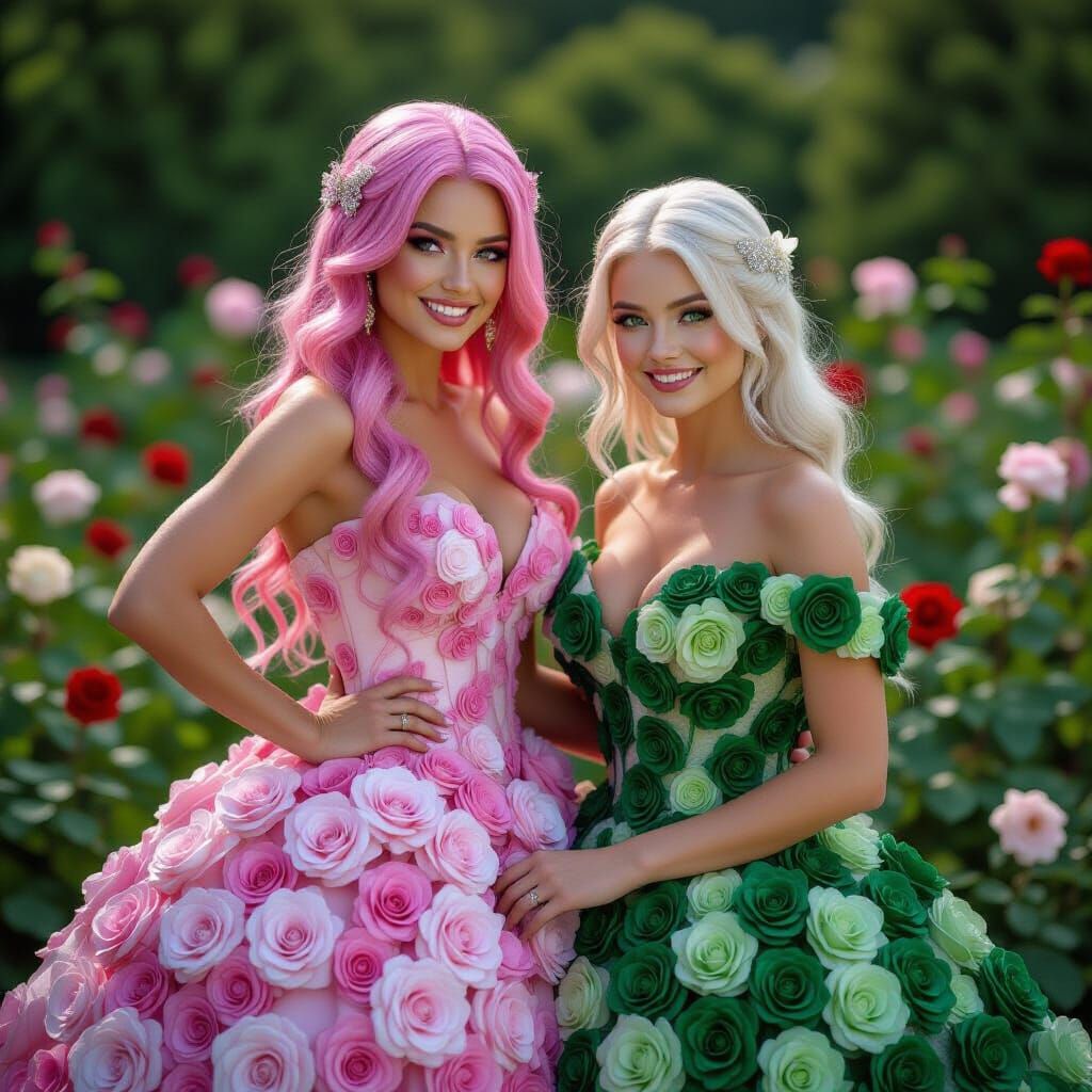 Two Women in Rose Gowns in a Lush Garden