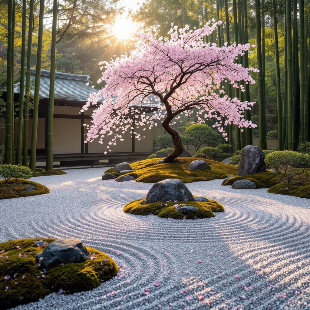 Zen Garden at Dawn with Cherry Blossoms