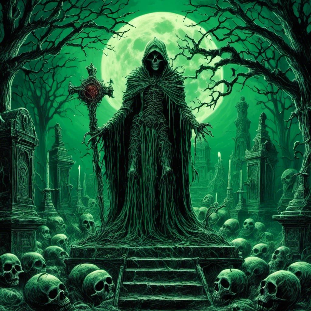 Eerie Necromancer Casting Spell Under Bloody Moon