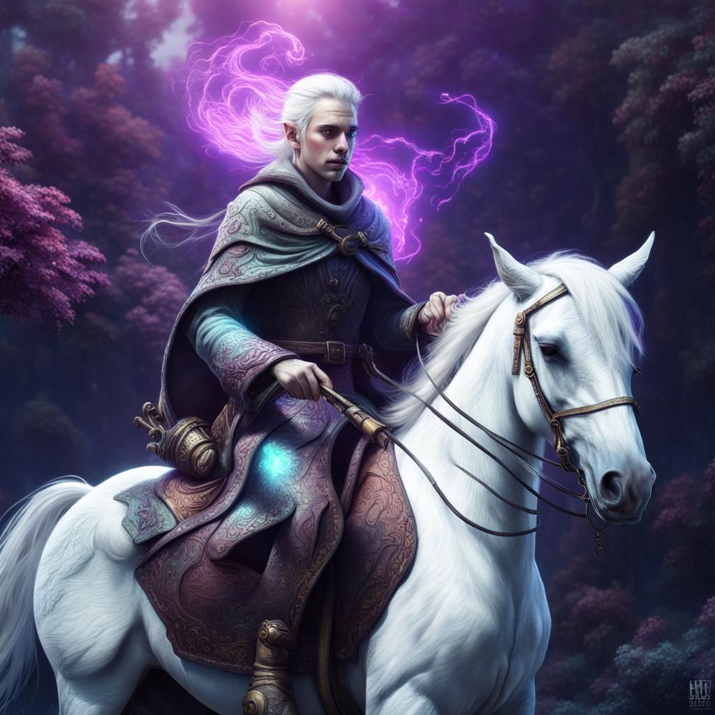 Elf Wizard Rides Horse in Cyberpunk Style