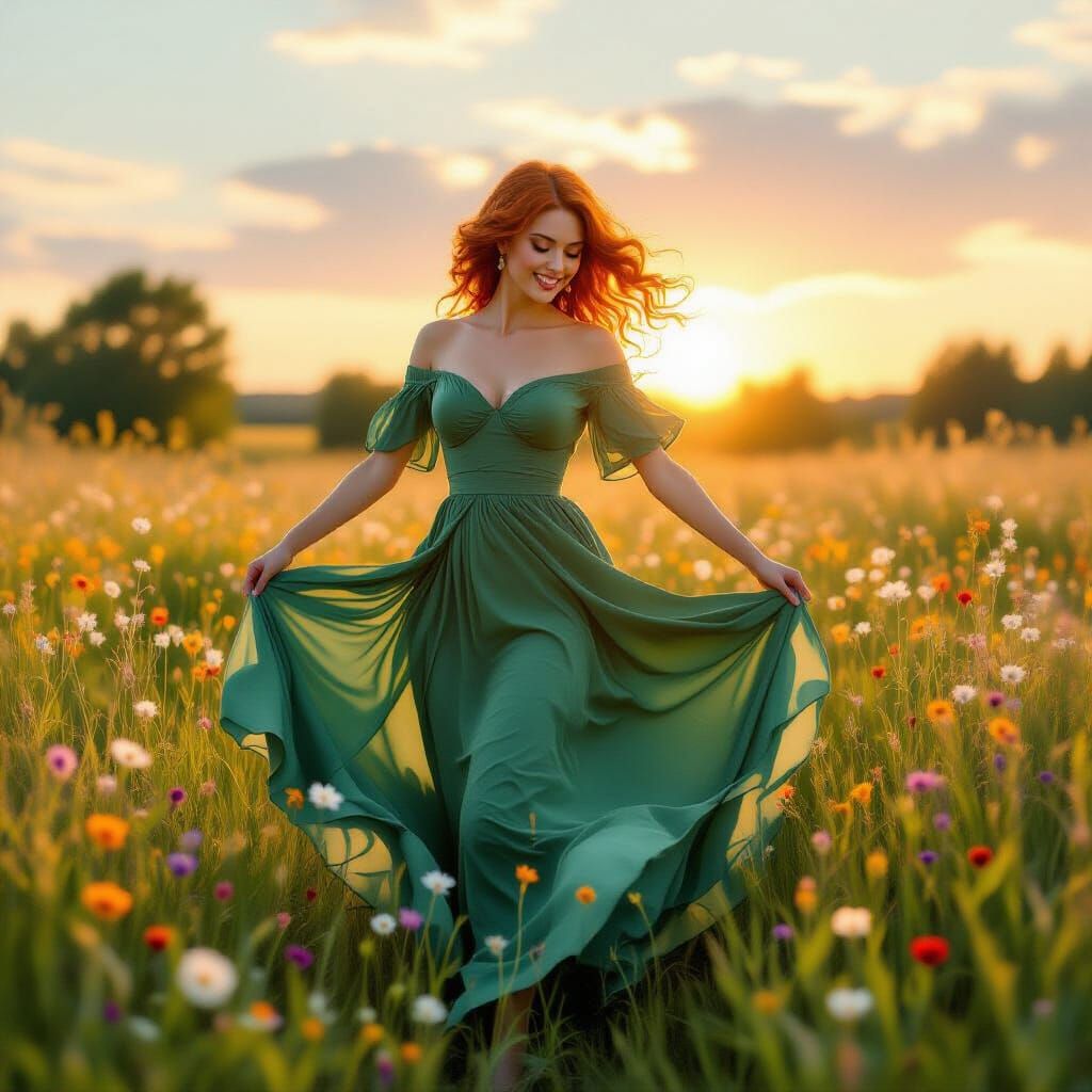 Elegant English Woman Dancing in Sunlit Meadow