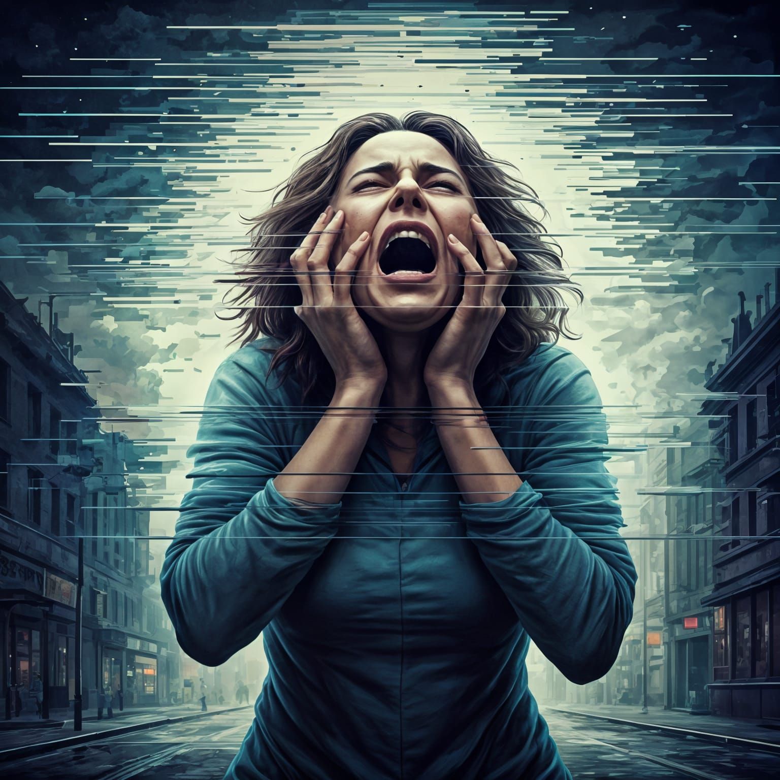 Distorted Woman Screaming in Urban Landscape