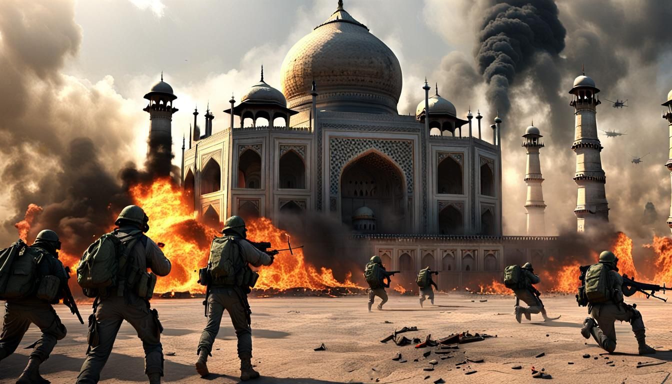 Moloch Creature Attacks Burning Taj Mahal in Hyperreal 3D