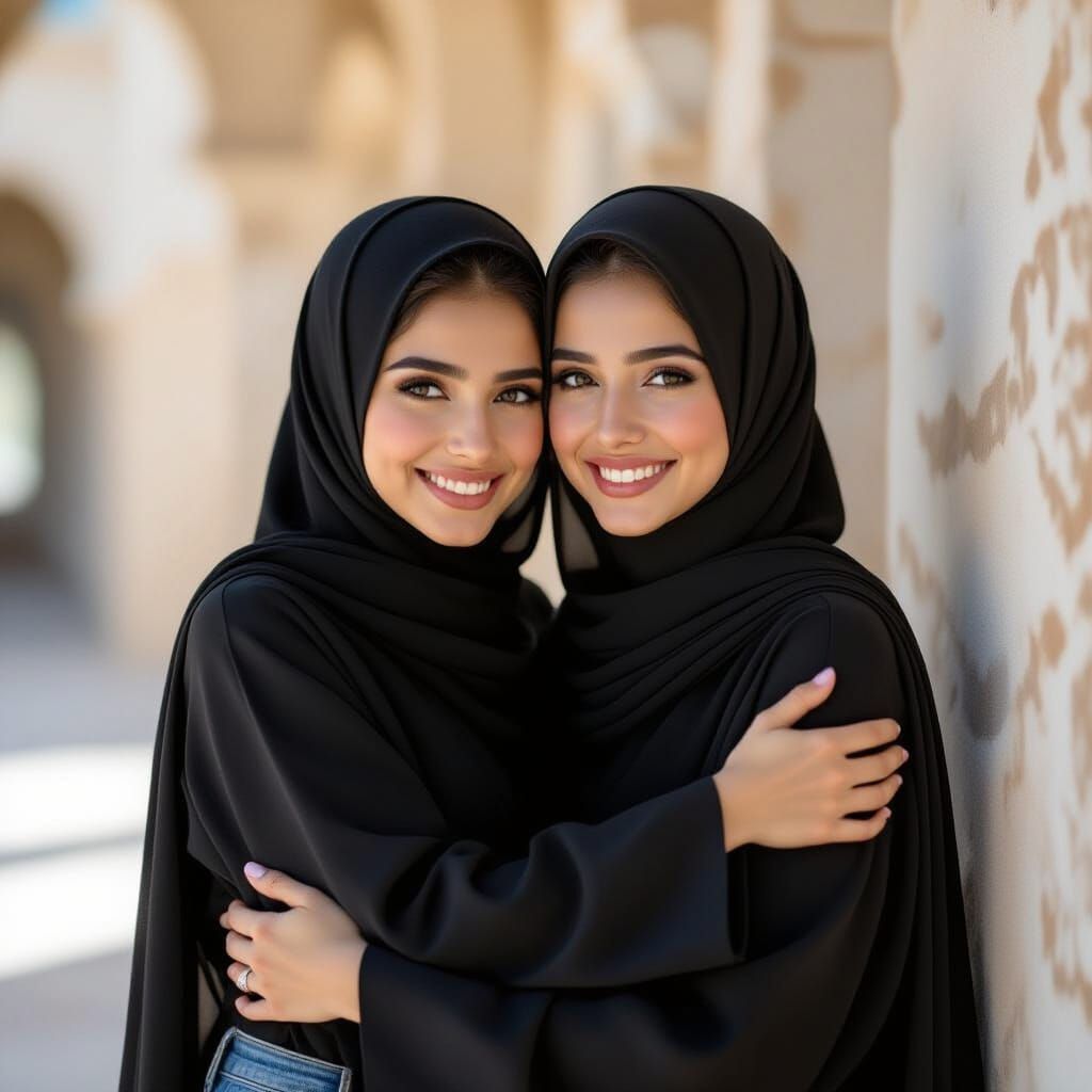 Hijabi Mom and Daughter Embrace in Cinematic Film Still
