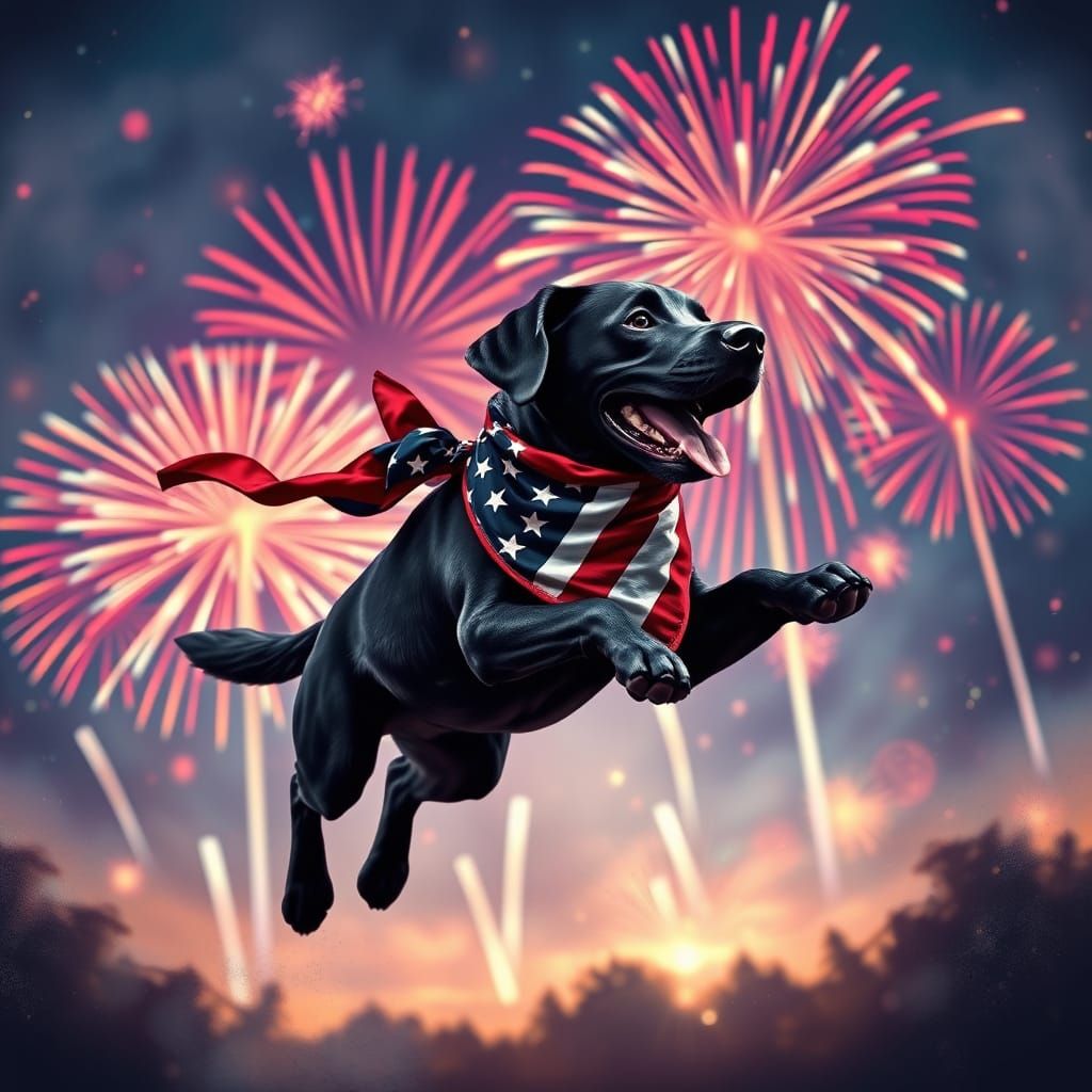 A delightful and cheerful scene of a black Labrador Retriever adorned with an American flag bandana, joyfully leaping th...