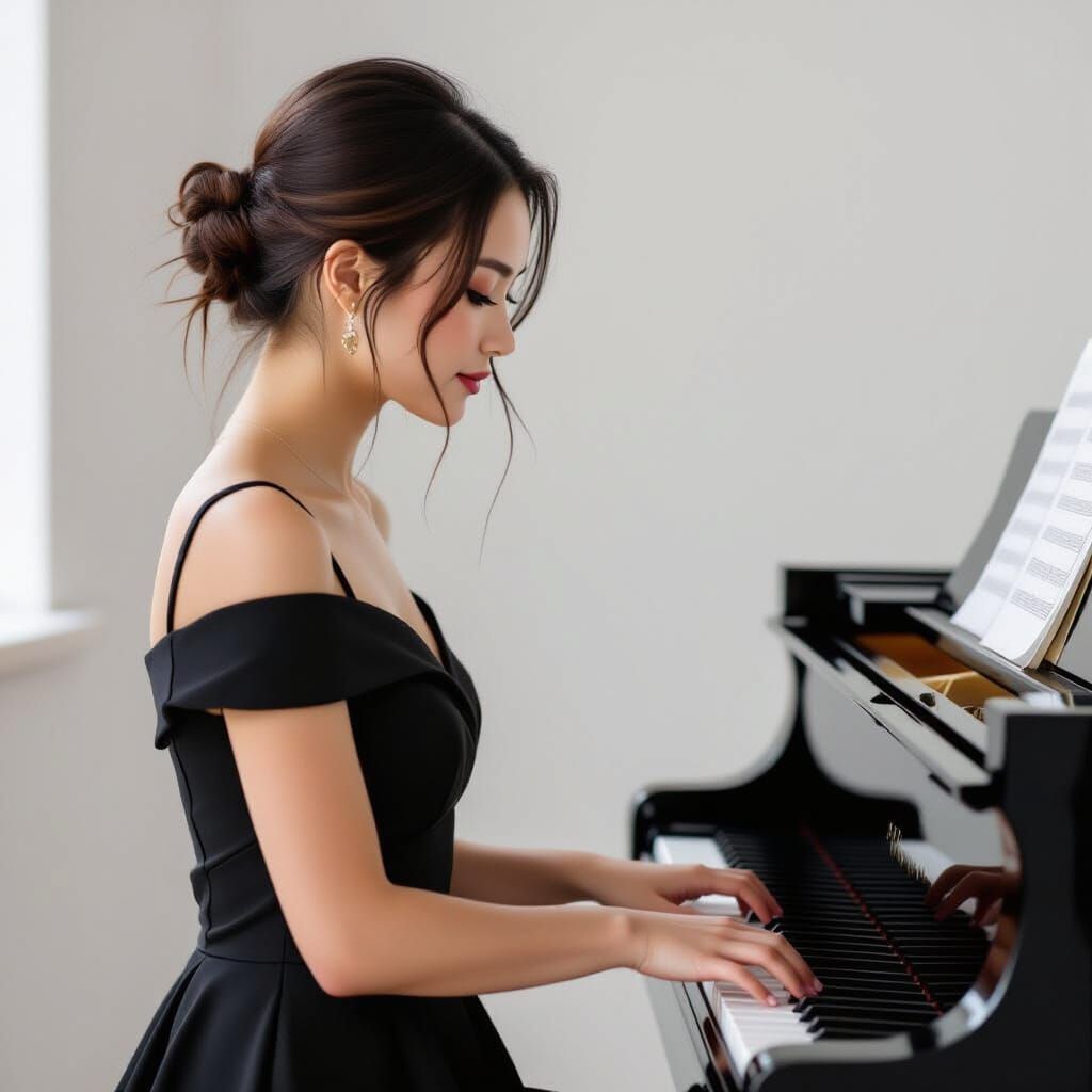 Woman in Black Dress Plays Piano Elegantly