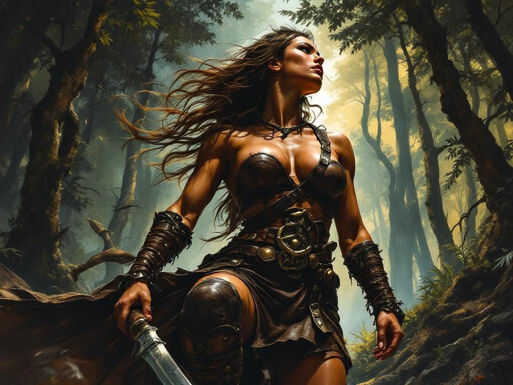 Barbarian Woman in Dark Forest, Fantasy Art