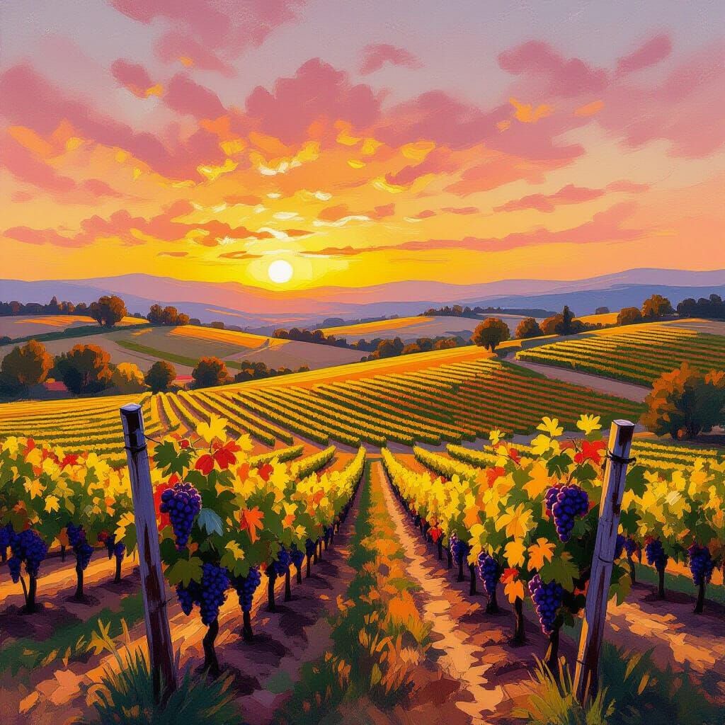 Vineyard Sunset in Impressionistic Style