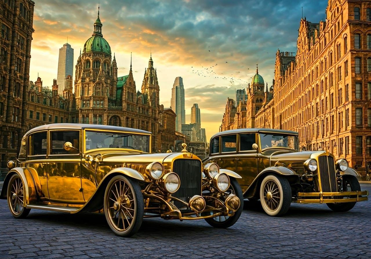 Steampunk Automobiles in Victorian Cityscape