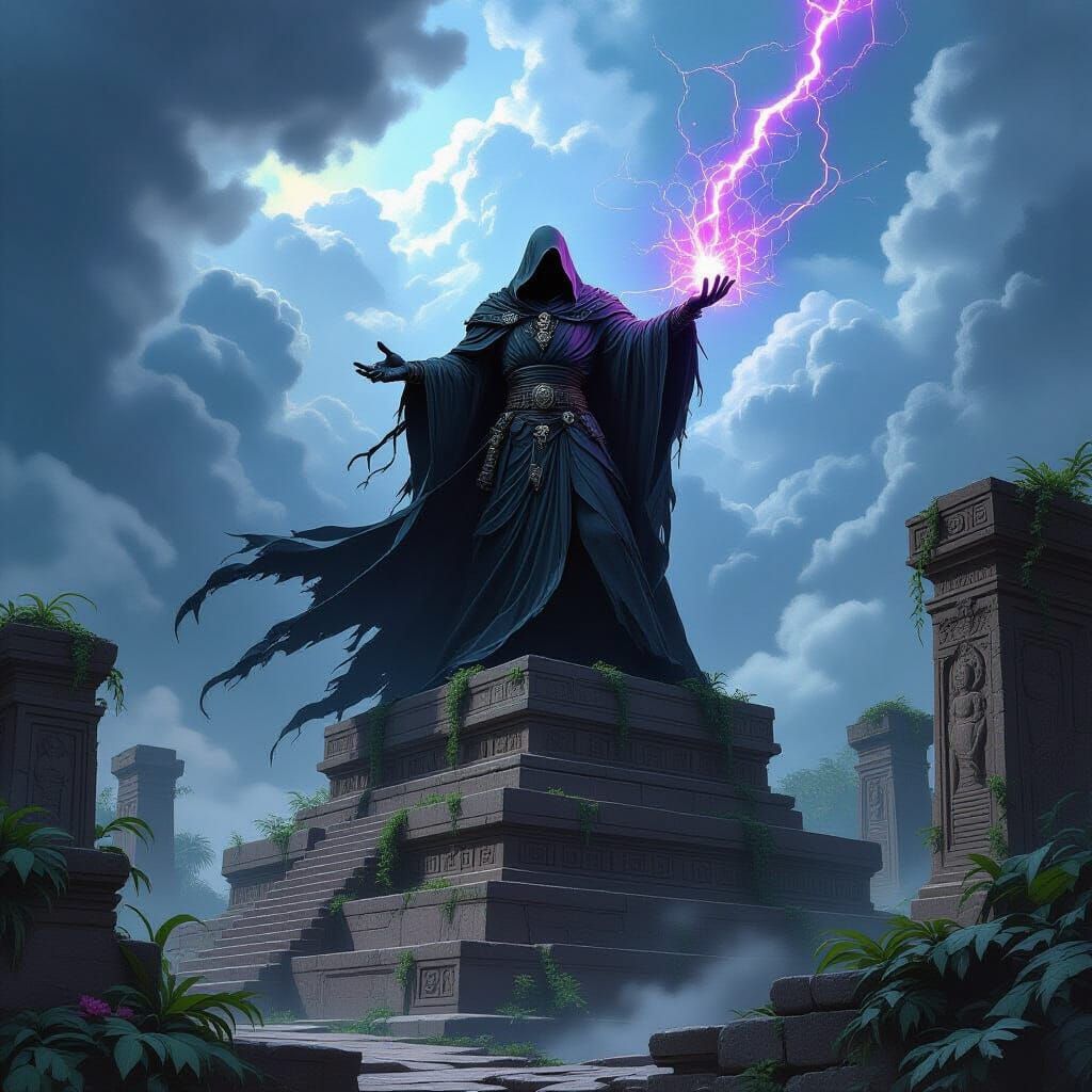 Dark Fantasy Sith Lord on Ziggurat in Jungle City