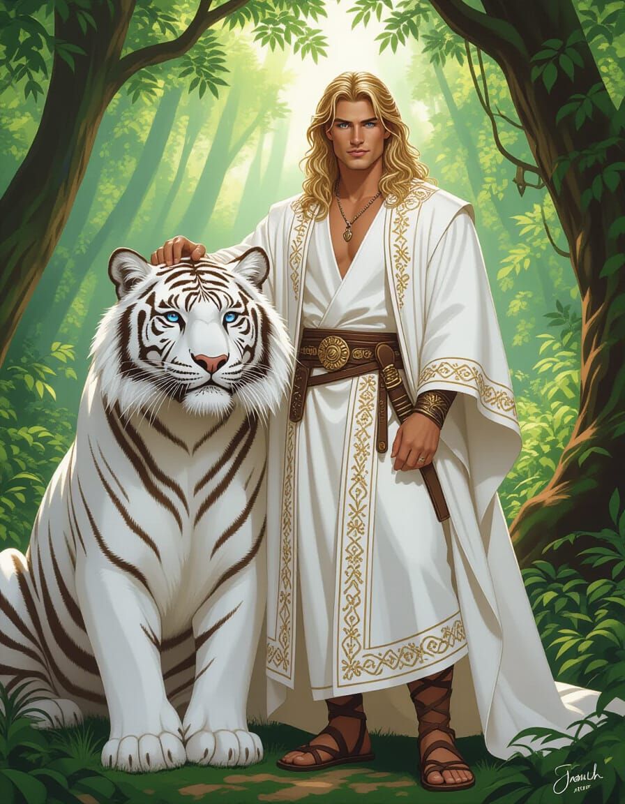 Man and Tiger in Lush Forest, Dreamy Realism
