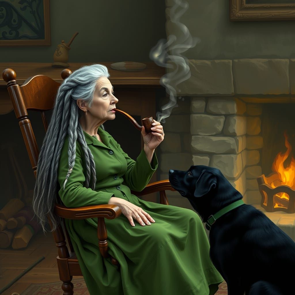 Old Woman with Dog by Fireplace