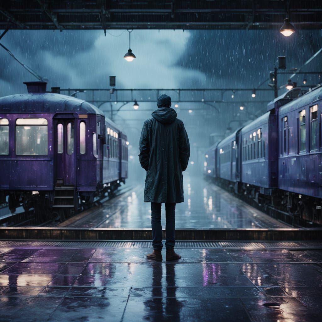 Gloomy Train Station at Rainy Night in Moody Oil Painting St...