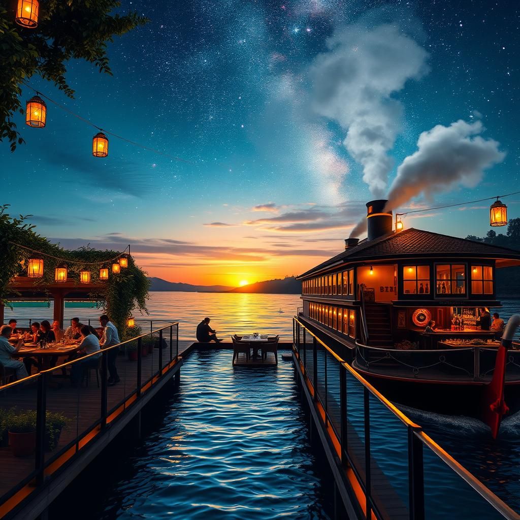Riverfront Restaurant with Steamboat and Cosmic Sky