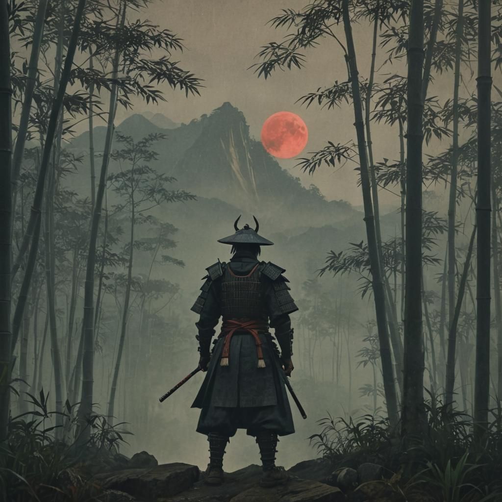 Samurai in Misty Forest: Ukiyo-e Grunge Aesthetic