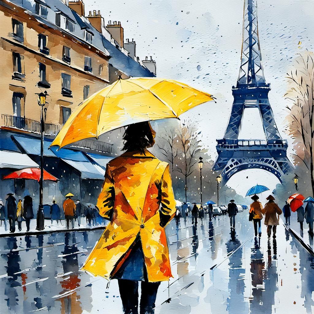 Rainy Day in Paris: Impressionist Watercolor Painting