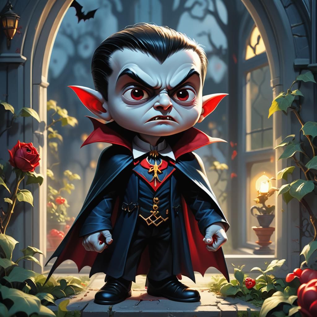 Mini Dracula in Garden: Hyper-Realistic Anime Style