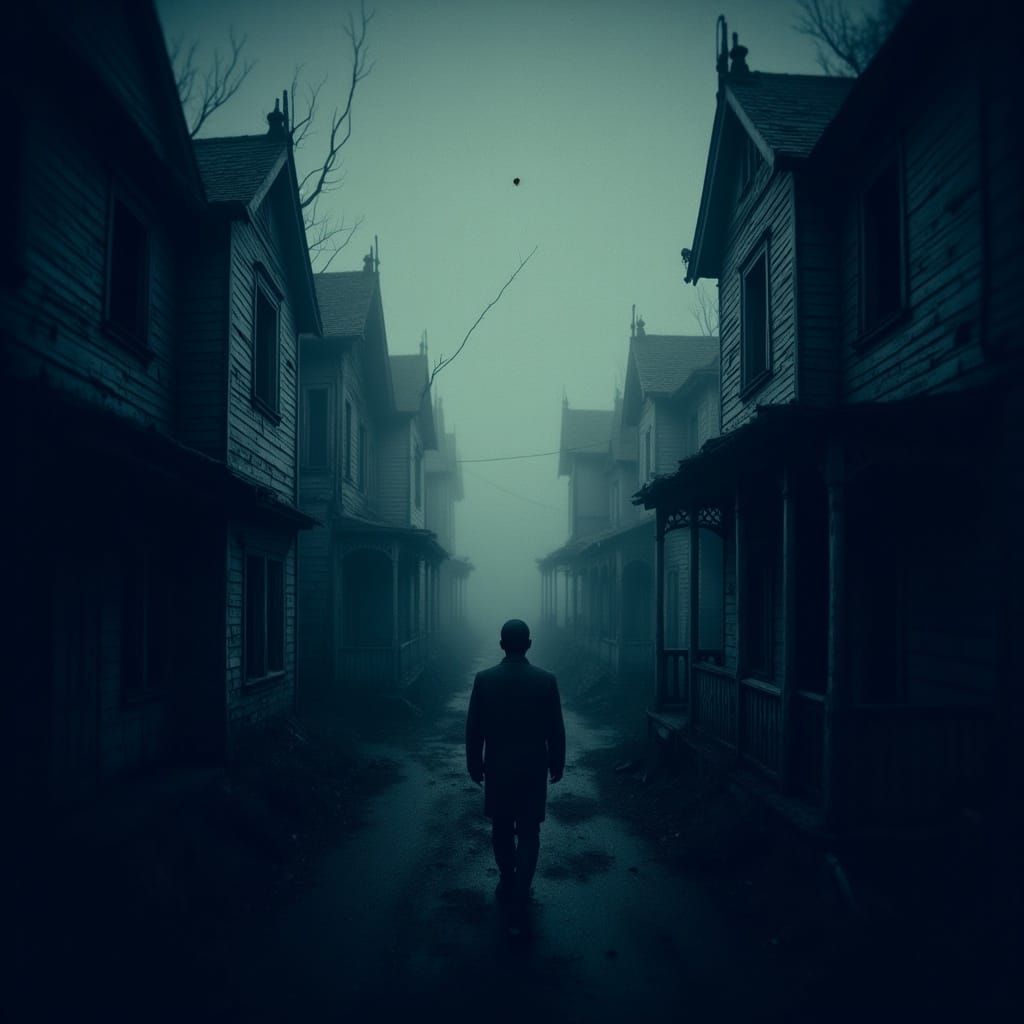 Gloomy Walk Through Abandoned Town on Foggy Night
