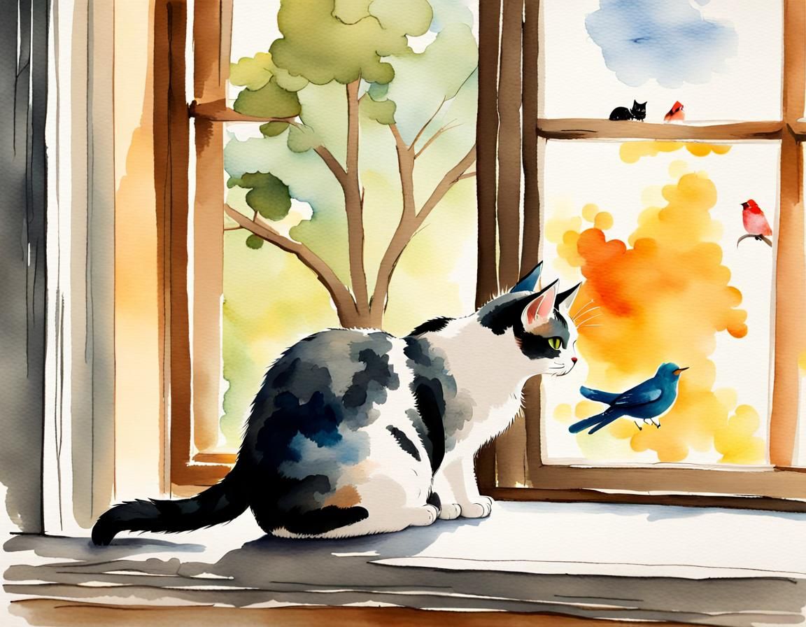 Cat Watching Birds, Florentine Watercolor Style