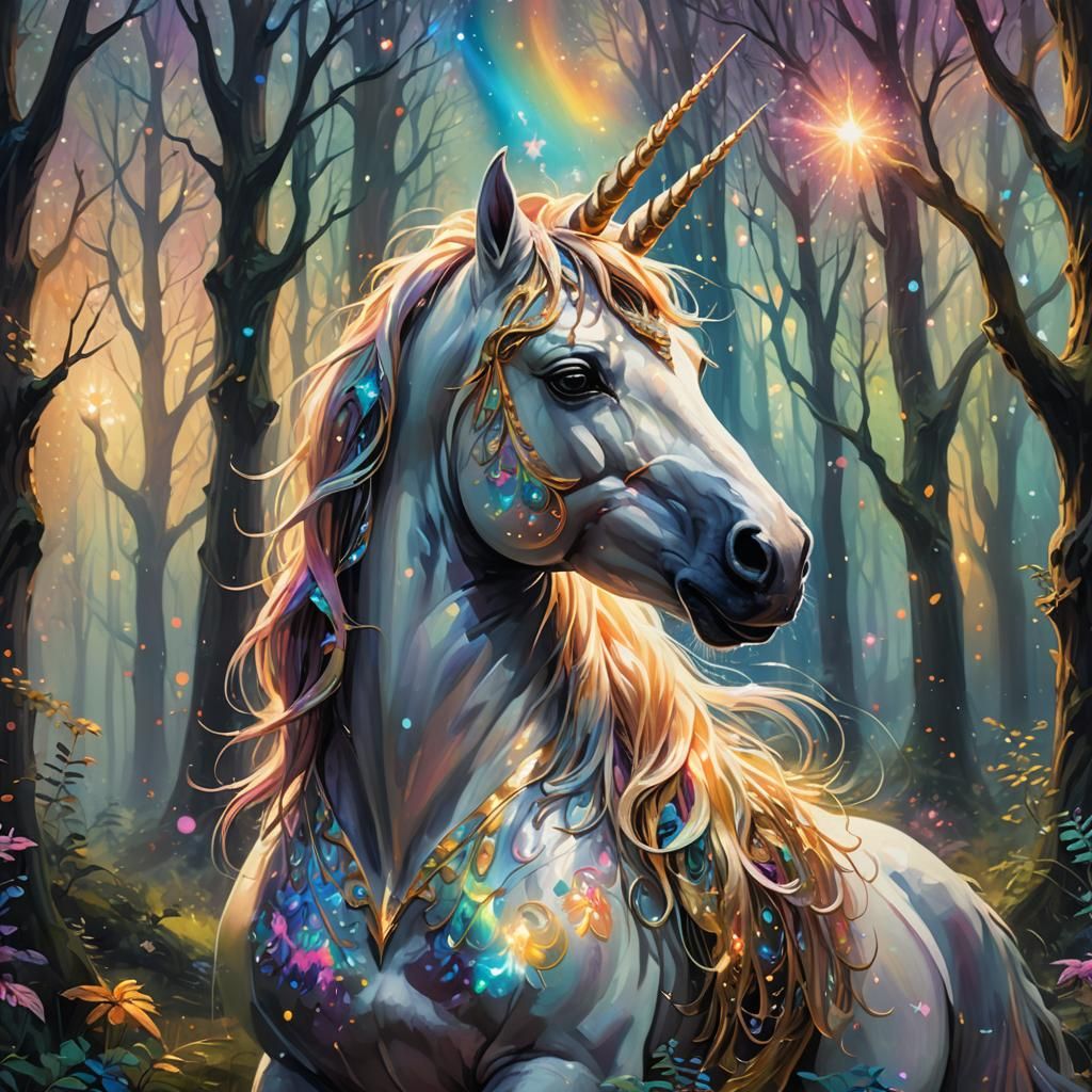 Ethereal Unicorn in Mystical Forest: Art Nouveau