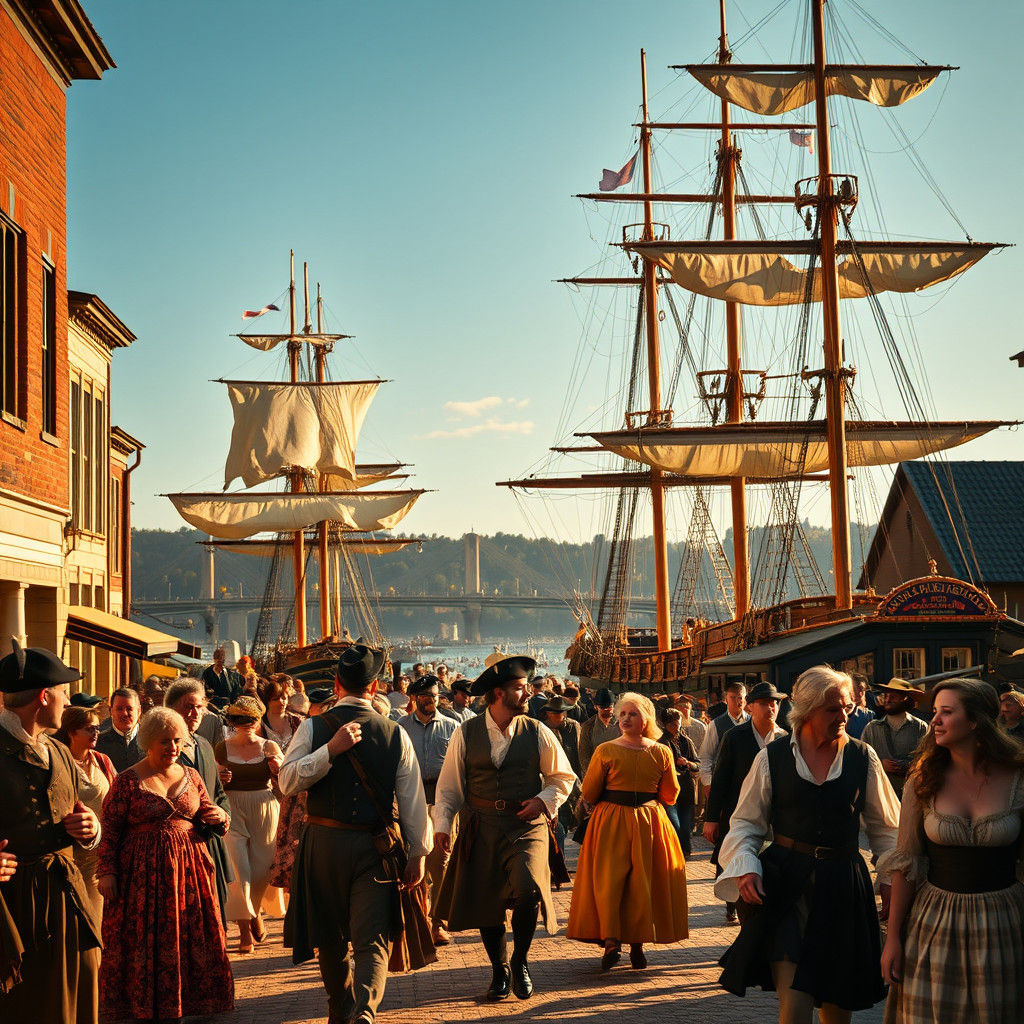 Colonial Philadelphia, street scene in Germantown, people dressed in 1770 attire, view of port, tall ships docked