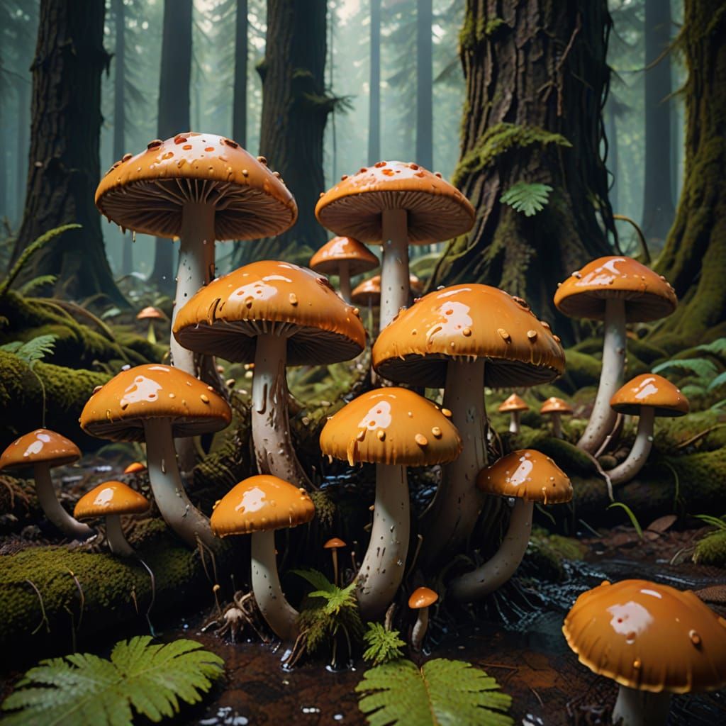 Surreal Melting Mushrooms in a Cinematic Forest