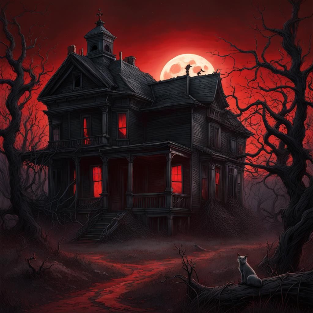 Sinister Ghost Town Under Bloody Moon, Matte Painting