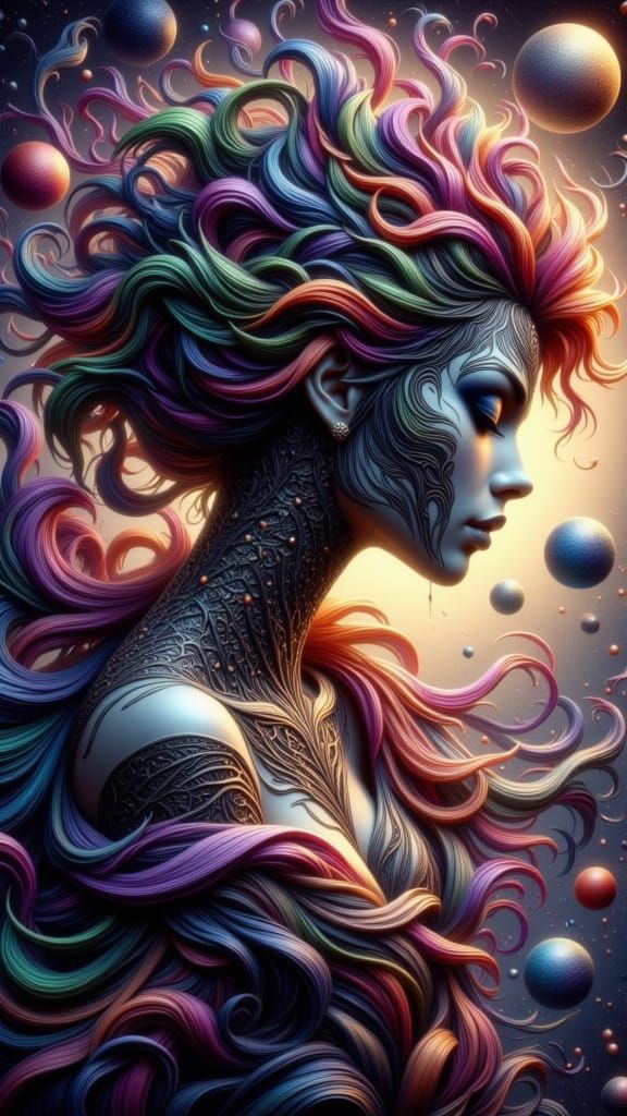 Ethereal Woman with Zebra Pattern and Cosmic Background