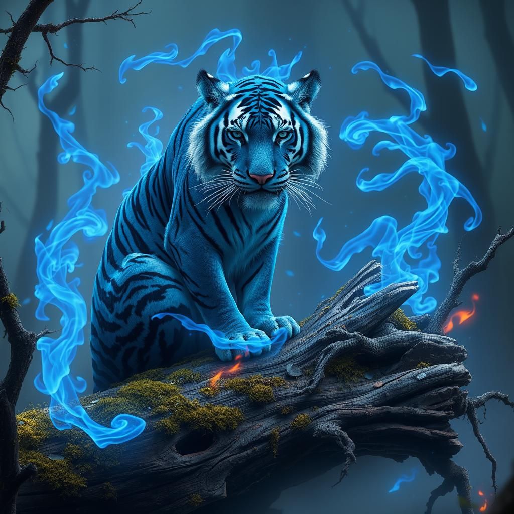 Blue Fire Tiger on Ancient Log in Fantasy Style