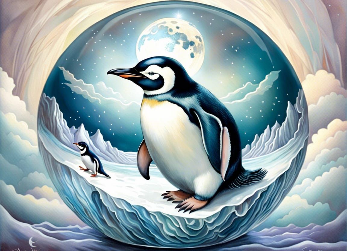 Penguin in Glass Sphere: Impressionist Oil Painting