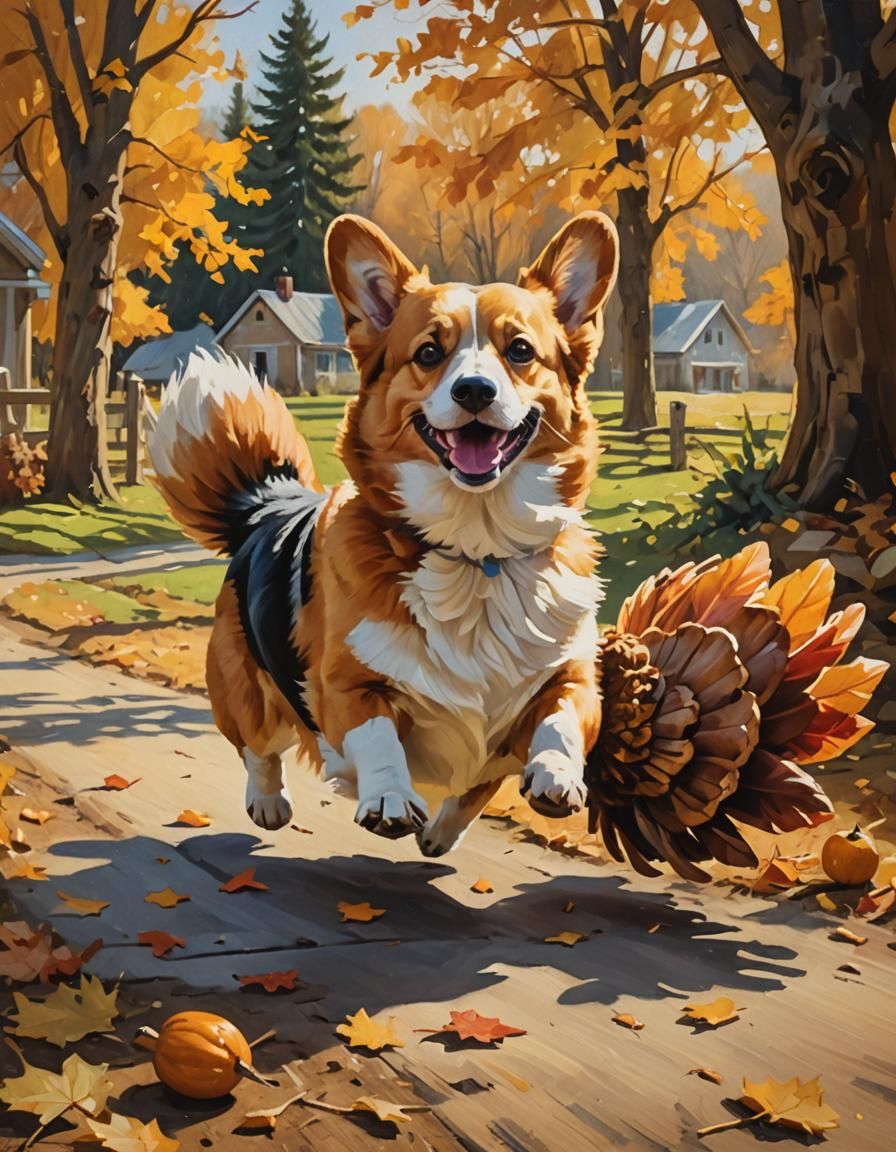 Corgi Steals Thanksgiving Turkey: Impressionist Oil Painting