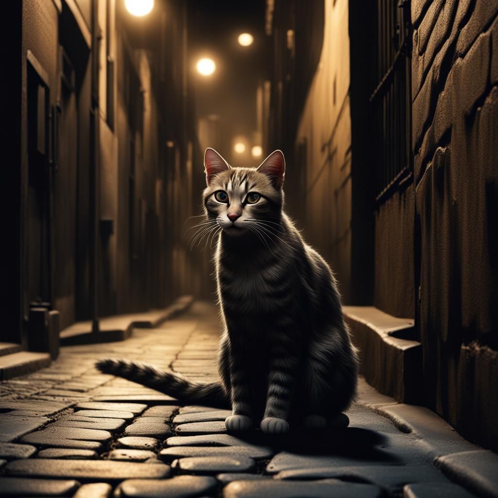 Photorealistic Alley Cat in Dark Street