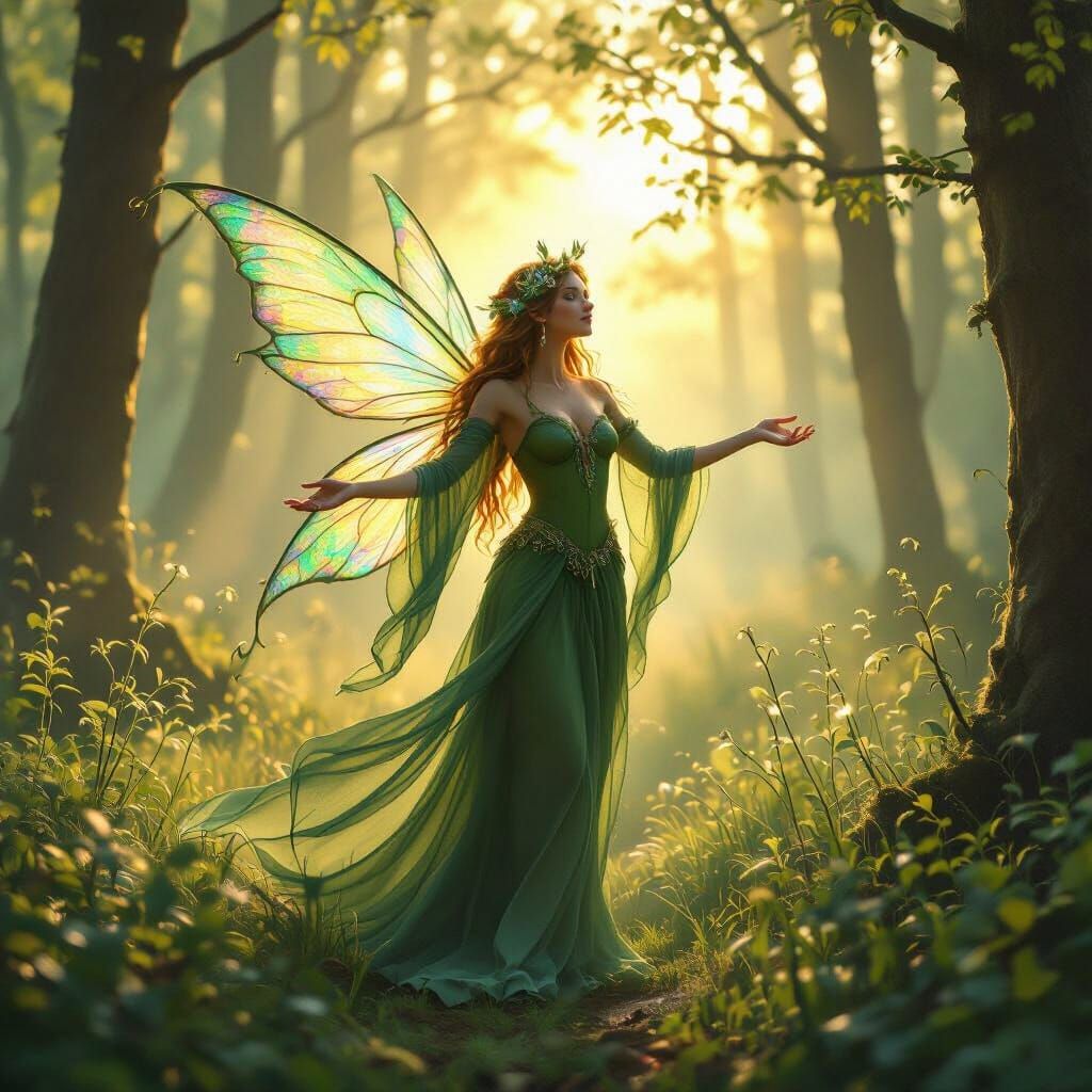 Mystical Forest Fairy Embracing Sunrise Light