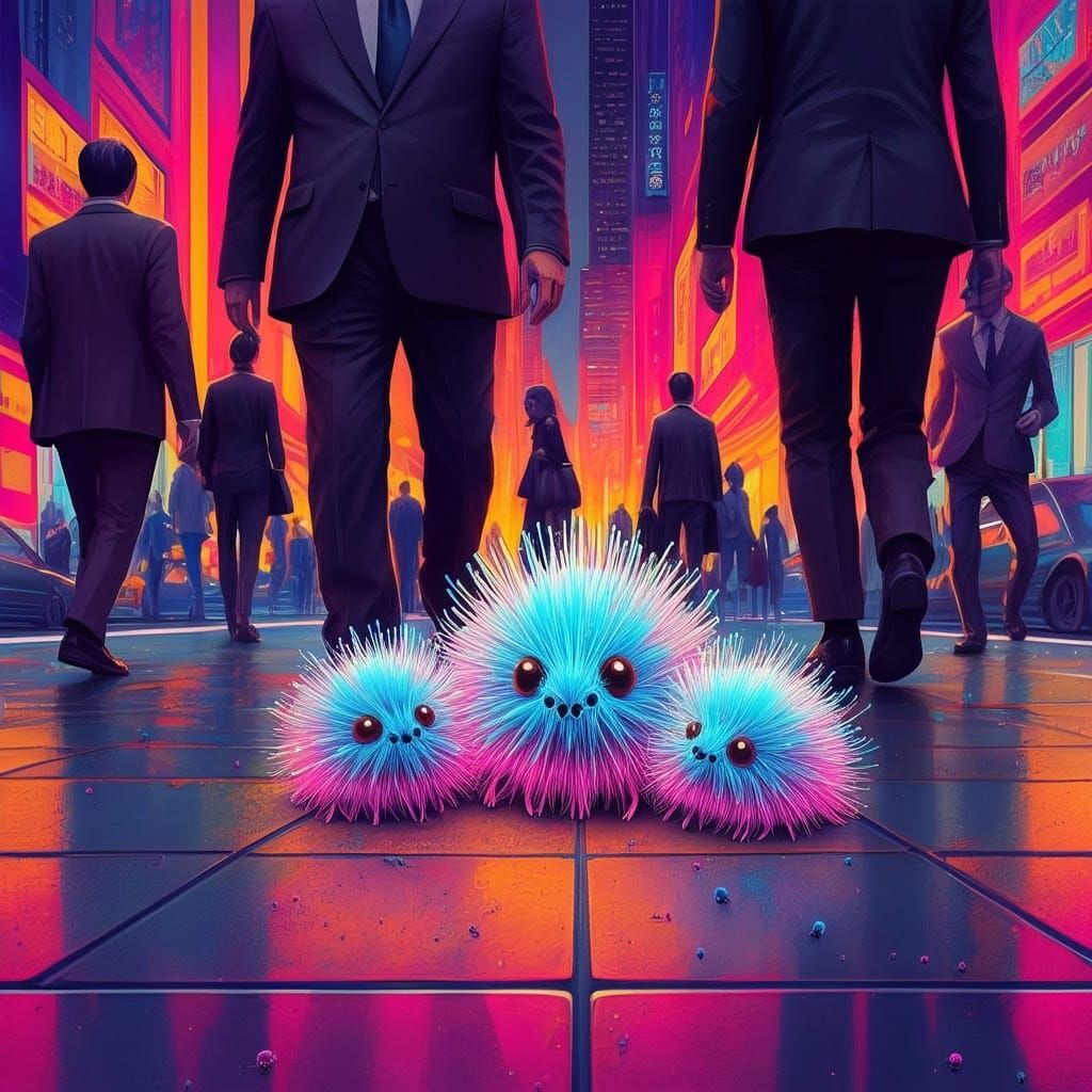 Vibrant Microscopic Furry Creatures in a Bustling Cityscape