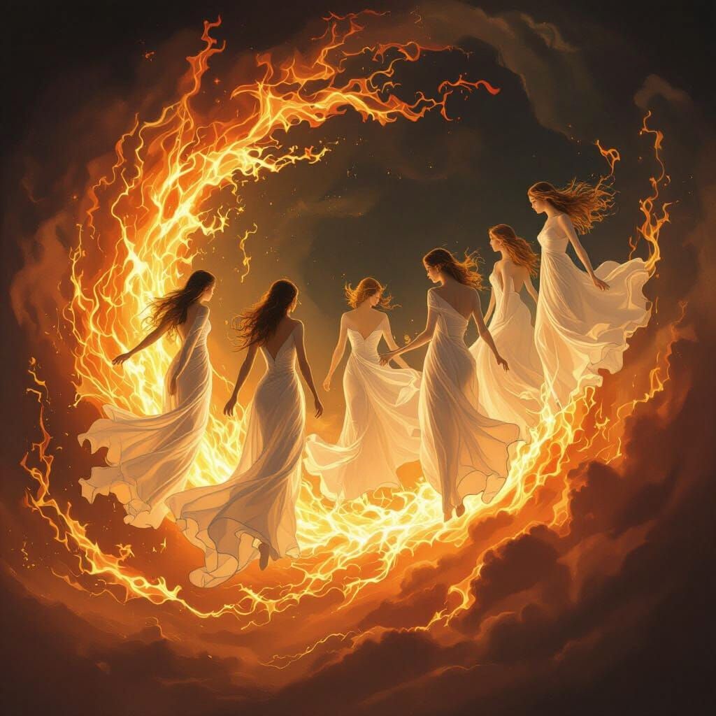 Ethereal Figures Rise from Fiery Vortex