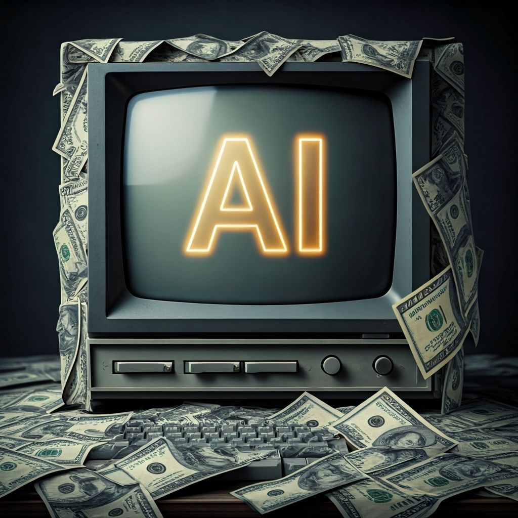 Vintage Computer Covered in Money with Gold AI Text