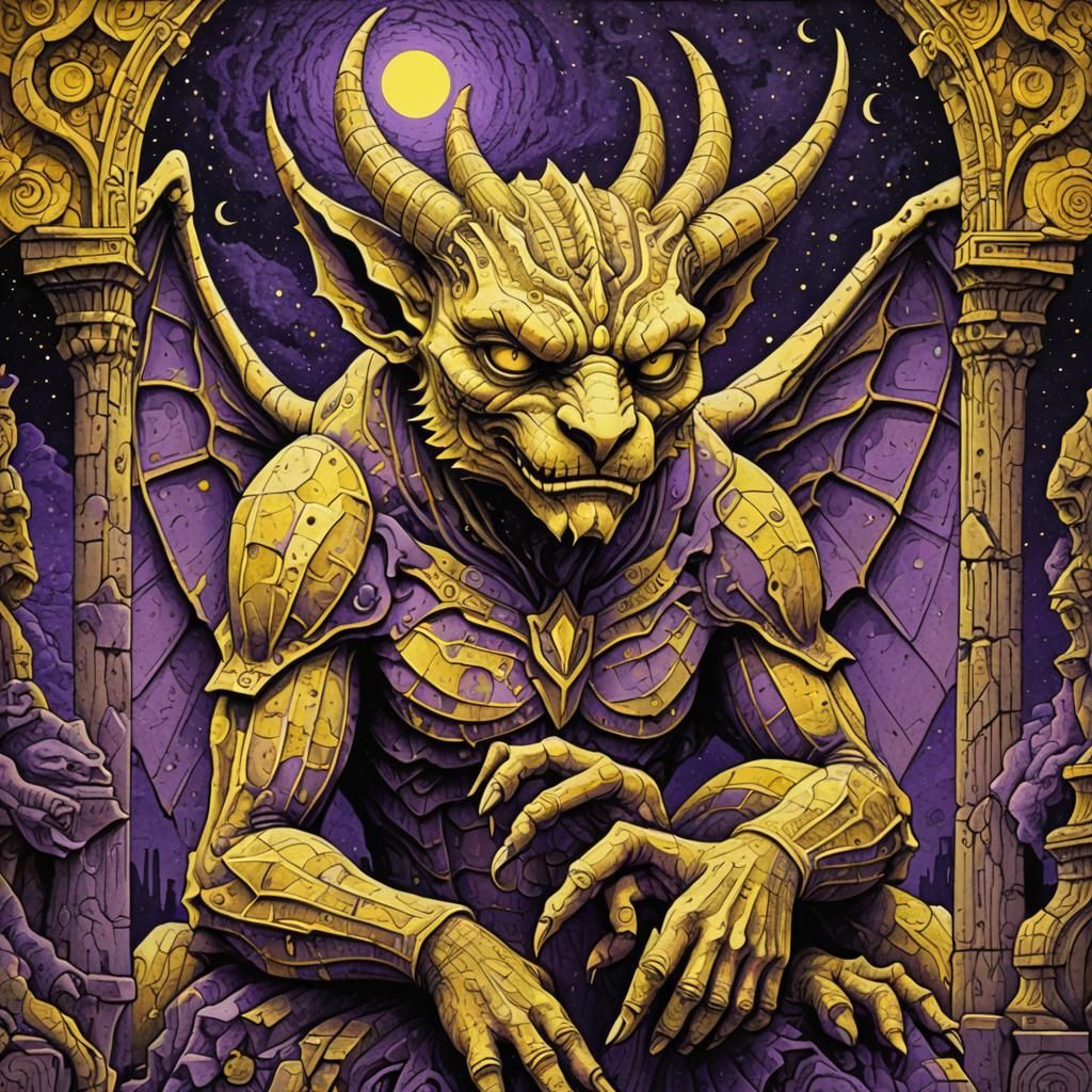 Gargoyle in Love: Brutalist Stipple Woodcut Moonscape