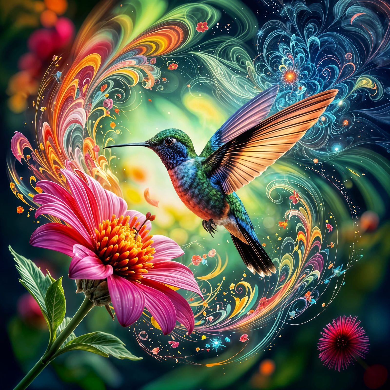 Hummingbird in Flight Engulfed in Fractal Energy