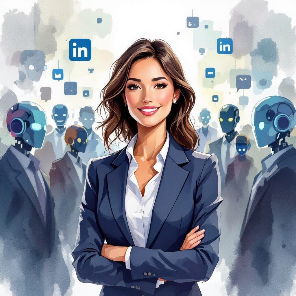 Confident Professional in Chaotic Digital Crowd, Watercolor ...