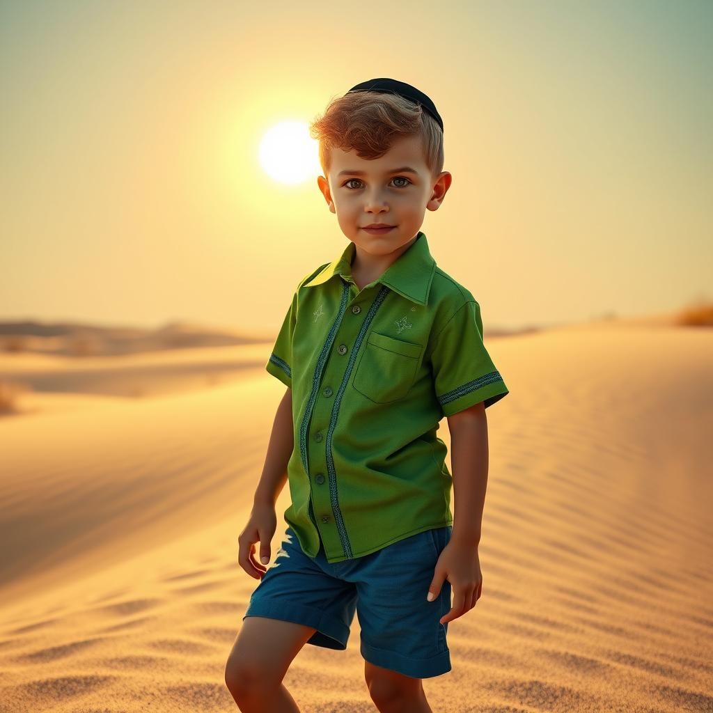 Boy in Green Shirt on Sunny Dunes, Digital Art