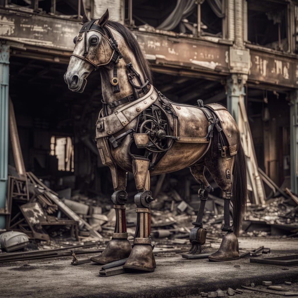 Animatronic Horse in Ruined City: Steampunk Photograph